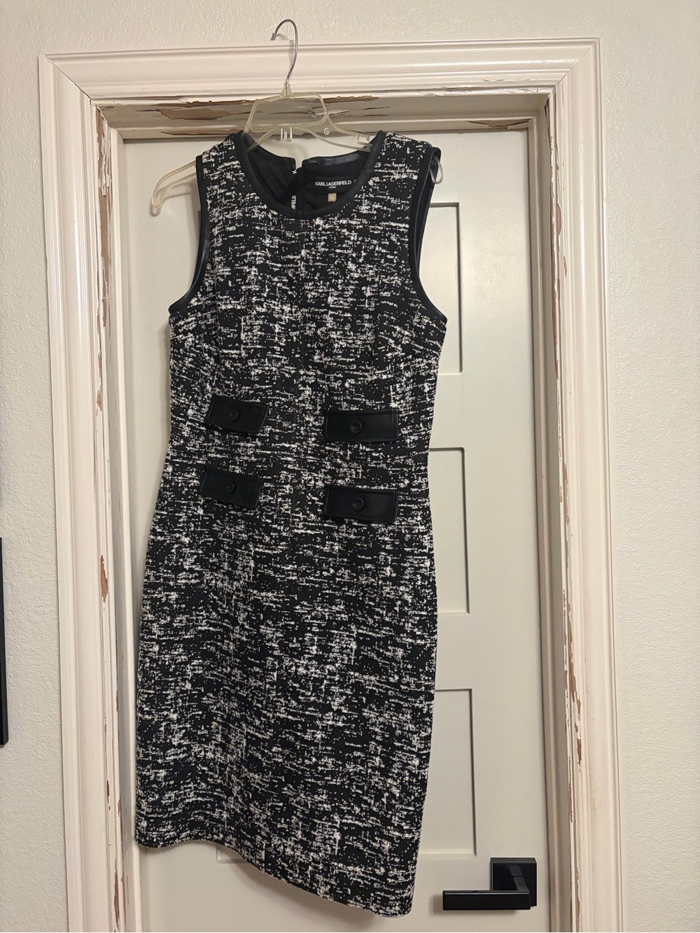 Karl Lagerfeld Black and White Tweed Midi Dress with Decorative Tabs